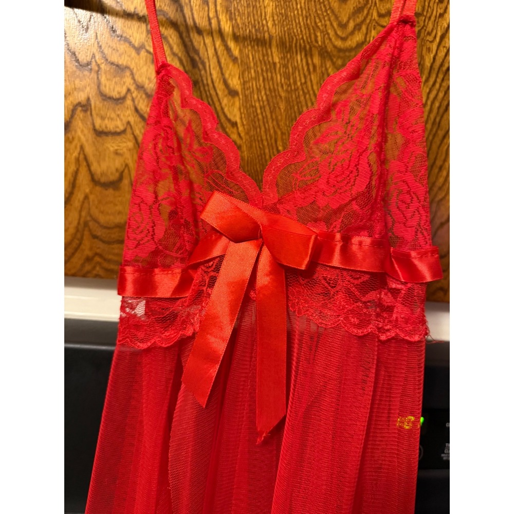 Red Lace Mesh Babydoll Chemise Lingerie Handkerchief Hem Satin Bow Sleepwear - Picture 2 of 5